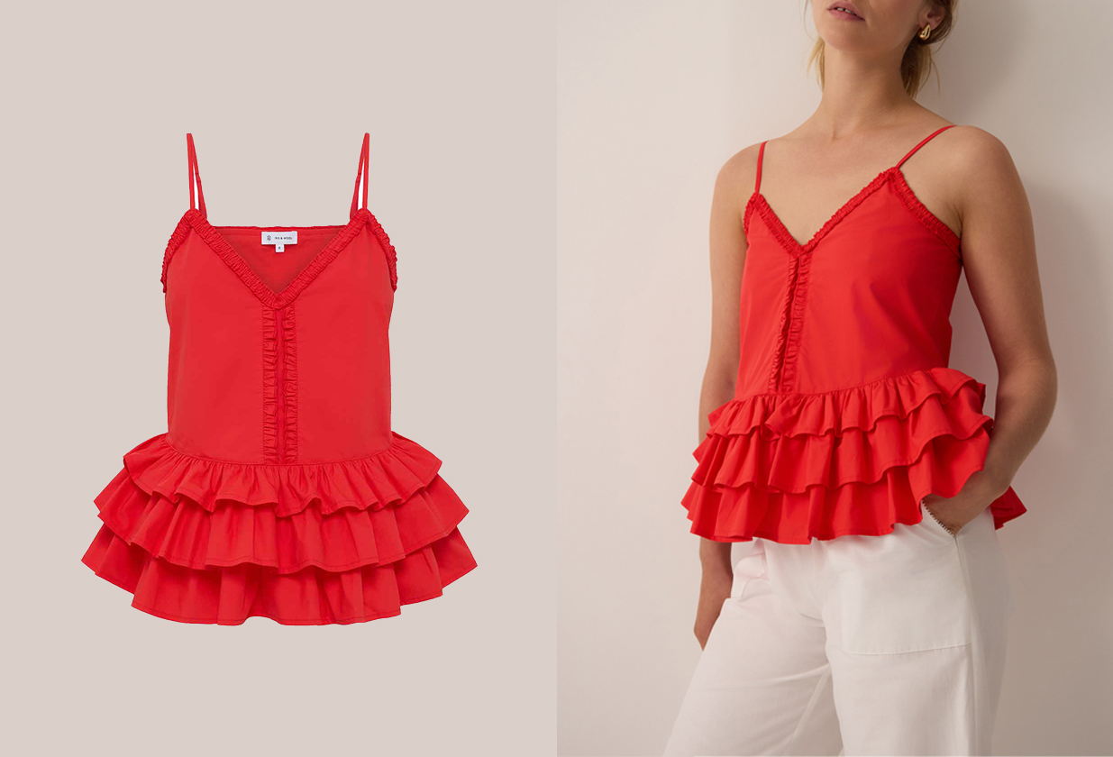The same red ruffle top shown two ways — a flat lay packshot on the left and an on-model shot on the right.